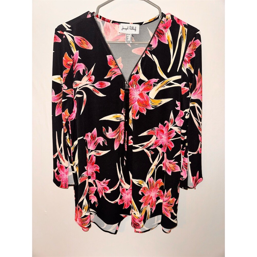 Joseph Ribkoff Tunic Top Womens Size 8 Black Pink Floral Zip Front 3/4